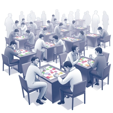 A busy mahjong hall filled with multiple tables. At each table, players are engaged in a game of mahjong, concentrating intently on their tiles. Some players are leaning forward, while others are sitting upright, eyes focused on the game. The tables are adorned with colorful tiles, and players are using various strategies as they play. In the background, there are people walking around, creating an atmosphere of excitement and tension. The decor of the hall includes simple furniture and dim lighting, enhancing the lively ambiance.