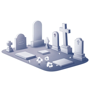 A family plot with multiple gravestones arranged in a semi-circle. Each gravestone has a unique shape and design, some are tall and slender while others are shorter and broader. The gravestones feature various inscriptions and symbols, such as crosses and floral motifs. Surrounding the gravestones is well-maintained grass, with a few scattered flowers interspersed among them. The entire setting is tranquil, evoking a sense of remembrance and peace.