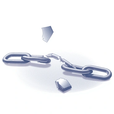 A pair of broken chains lying on the ground, with one chain link partially suspended in mid-air as if just released. The links are detailed, showing jagged edges where they broke apart. The chains are positioned in a way that suggests movement, symbolizing their fall and separation. The background includes a simple textured surface that enhances the focus on the chains, implying a sense of space and openness around them.