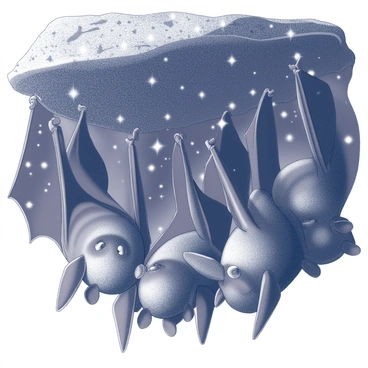 A group of bats hanging upside down from a rocky overhang. They are clustered together, with some bats leaning toward each other as if engaged in conversation. The night sky above is filled with numerous stars, twinkling brightly against the dark backdrop. The bats have detailed wings and fur, and their eyes are wide open, capturing the essence of the night. The rocky surface beneath them is textured, creating a natural setting for this gathering.