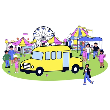 A yellow school bus parked at a lively country fair. The bus has large windows and a simple design, with its doors open. Around the bus, there are colorful tents and stalls selling various goods. People of different ages are walking around, some holding balloons and others enjoying cotton candy. In the background, there are games and a Ferris wheel, adding to the festive atmosphere. The ground is grassy, and there are small patches of flowers scattered around the fair.