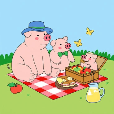 A family of three pigs sitting together on a red-and-white checkered picnic blanket in a grassy meadow under a bright blue sky. The largest pig has light pink skin and is wearing a blue straw hat, while the middle pig is smaller with rosy cheeks and a green bowtie. The smallest pig has curly fur and is playfully nibbling on a sandwich. In front of them, a picnic basket is open, revealing colorful fruits like apples and bananas, as well as a jug of lemonade with ice cubes. Nearby, a few butterflies are fluttering around, adding to the cheerful atmosphere of the scene.