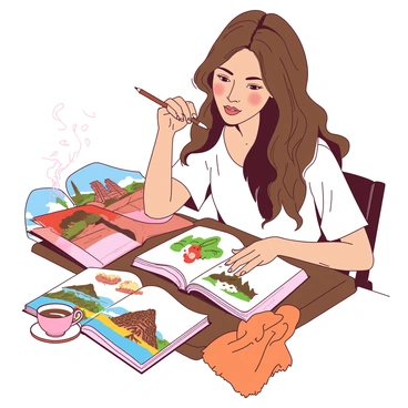 A woman with long brown hair sits at a wooden table in a bright room. She is focused on her sketchbook, where she is drawing various travel scenes from different countries. In her left hand, she holds a pencil, and in her right hand, she uses an eraser to adjust her work. Around her, there are several opened travel guides showcasing landmarks from those countries, including famous buildings and natural landscapes. The sketchbook displays a colorful mix of drawings, featuring a "Eiffel Tower", "Great Wall of China", and "Machu Picchu". Nearby, a steaming cup of tea rests on the table beside a vibrant "orange" scarf draped over the chair.