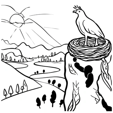 A detailed griffin nest made of twigs and leaves is perched on a rocky cliff. The nest is large and intricately woven, surrounded by feathers scattered nearby. Below, a vast valley spreads out, dotted with trees and winding rivers, stretching towards the horizon. The sky is filled with the soft light of sunrise, with rays illuminating the cliff's surface and casting long shadows. In the distance, mountains rise majestically, adding depth to the scene.