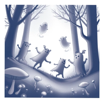 A parade of quirky spirits and ghosts wandering through a mysterious forest.
