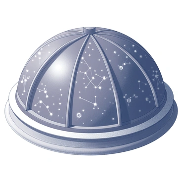 A domed observatory ceiling that features intricate designs of various constellations. The ceiling is divided into different sections, each showcasing a unique constellation pattern that includes detailed star formations and connecting lines. The architecture of the dome is circular, with visible beams radiating from the center, adding depth to the structure. The constellations are arranged in a way that allows viewers to easily identify them. The overall composition creates a sense of wonder and exploration of the night sky.