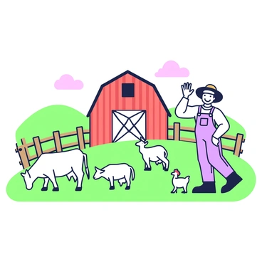 A cheerful farm scene is depicted with a red barn situated prominently in the background. In front of the barn, several grazing animals are scattered across a green field. There is a cow, a few sheep, and a couple of chickens pecking at the ground. A farmer, dressed in overalls and a wide-brimmed hat, is waving cheerfully with a smile on his face. The sky above is clear with a few clouds. A wooden fence borders the farm, enhancing the rural atmosphere. In the distance, rolling hills can be seen, completing the idyllic countryside setting.