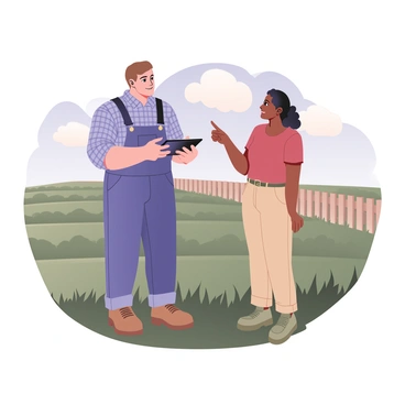 A digital flat illustration depicting two farmers standing in a lush green field. The farmer on the left has light skin, short brown hair, and is wearing a blue plaid shirt, denim overalls, and brown work boots. He is holding a tablet in his right hand, looking at the screen intently. The farmer on the right has medium skin, curly black hair, and is dressed in a red t-shirt, khaki shorts, and green sneakers. She is pointing at the tablet while discussing with the male farmer. Surrounding them are rows of healthy crops, with a clear blue sky above and a few fluffy white clouds. A wooden fence is in the background, adding to the rural atmosphere.