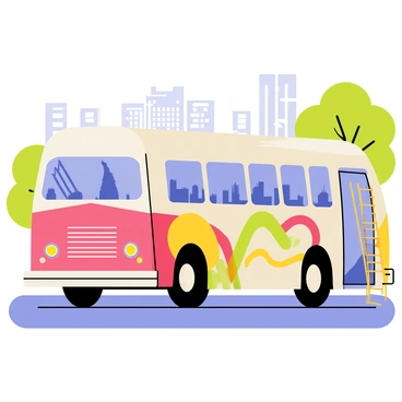 A vintage tour bus with a rounded shape and distinctive front grille is parked on a city street. The bus is adorned with colorful retro graphics featuring geometric shapes and swirling patterns in shades of red, yellow, green, and blue. Large windows reflect the cityscape, while the bus's chrome bumpers shine in the sunlight. A folding step ladder is extended from the door, inviting passengers to board. The surrounding environment includes trees and buildings that complement the nostalgic atmosphere.