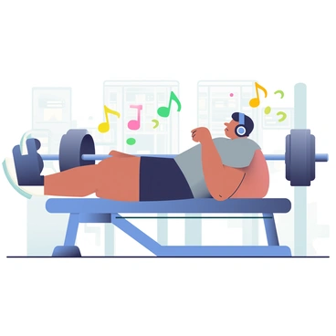 An athlete with a toned physique and short dark hair is lying on a bench press while lifting a heavy barbell. He is wearing black workout shorts and a fitted gray tank top. Over his ears, he has large black headphones that create a sense of concentration. Surrounding him are colorful music notes, including eighth notes and quarter notes, floating in the air, adding a dynamic feel to the scene. The gym environment features a variety of fitness equipment in the background, creating a focused atmosphere for the workout.