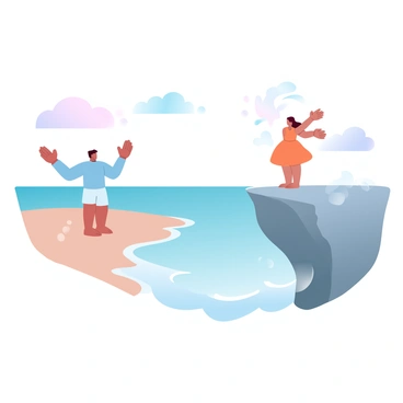Two people stand on opposite shores of a vast ocean, each waving toward the other with outstretched arms. One person, wearing a light blue shirt and shorts, stands on a sandy beach with gentle waves lapping at the shore. The other person, in a bright orange dress, stands on a rocky cliff with sea spray rising around them. The ocean stretches between them, reflecting shades of turquoise and silver under a soft, painted sky filled with gradient pastel colors.