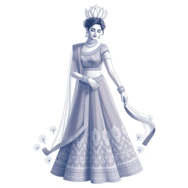 An Indian bride standing gracefully in her wedding attire. She is wearing an elaborate lehenga decorated with intricate embroidery and embellishments. Her hair is beautifully styled, adorned with a delicate crown made of "lotus flowers" that sit atop her head. The bride has traditional jewelry that includes a choker necklace and earrings, complementing her outfit. She is looking down slightly, and her makeup is elegant, highlighting her features. The setting is adorned with floral decorations, enhancing the celebratory atmosphere.