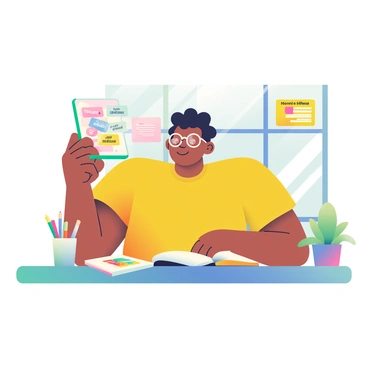 A freelancer with medium skin and curly hair is sitting at a colorful desk, holding a smartphone in one hand. The screen of the smartphone displays multiple notification messages with "Job Offer" highlighted in bright colors. The freelancer is wearing a yellow t-shirt and glasses, and there is a sketchbook open on the desk with colorful drawings. A potted plant with green leaves sits beside the smartphone, and a cup with various colored pencils rests nearby. The room is well-lit with a large window allowing natural light to stream in, illuminating the cheerful workspace.