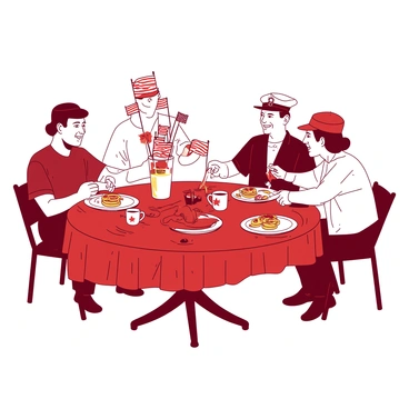 A red and white checkered tablecloth covers a round brunch table, adorned with small American flags standing in various decorative holders. On the table, there are plates filled with pancakes, fresh fruit, and coffee mugs featuring stars and stripes. Surrounding the table are four veterans, each wearing hats representing their branch of service. They are engaged in conversation, smiling and sharing stories. One veteran is pouring syrup over the pancakes, while another is reaching for a cup of coffee. The scene captures a warm and inviting atmosphere filled with camaraderie and celebration.