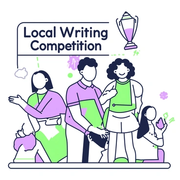 A young author, with curly hair and wearing a blue shirt, is standing on a small stage. They are holding a trophy in their right hand, while their left hand rests on the podium. The trophy shines brightly as they smile proudly. In the background, there is a banner that reads "Local Writing Competition" in bold letters. A few audience members can be seen applauding, capturing the moment of recognition. The atmosphere is filled with excitement and achievement.