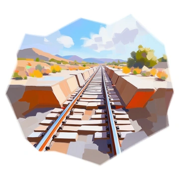 A railway track that has been noticeably displaced due to a strike-slip fault runs diagonally across the scene. The track is composed of steel rails and wooden ties, some of which are cracked or broken at the point of displacement. On one side of the displacement, the ground has been elevated, while on the other side, it has dropped lower, creating a clear offset. Surrounding the track, there is a mix of vegetation, including patches of grass and shrubs, and in the background, there are distant hills and a blue sky with scattered clouds. The scene conveys a sense of the geological forces at work, with the shifted track serving as a striking focal point.