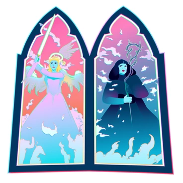 A large stained glass window featuring a dramatic battle scene between "good" and "evil." The left side shows a radiant figure with a golden halo, wielding a sword made of light, surrounded by angels with ethereal wings. The right side displays a dark figure shrouded in shadows, holding a twisted staff, accompanied by menacing creatures with sharp claws. Vibrant colors illuminate the window, with deep reds and blues contrasting against bright yellows and whites, creating a dynamic visual narrative of the conflict. Each character is intricately detailed, showcasing their emotions and determination in this epic confrontation.