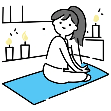 A girl is sitting on a yoga mat in a dim room. She is in a seated position with her legs crossed, hands resting on her knees. Soft candlelight flickers around her, casting gentle shadows on the walls. The girl has long hair tied back and is wearing a simple, sleeveless top and comfortable pants. The ambiance suggests tranquility, with a few lit candles placed strategically around the room.