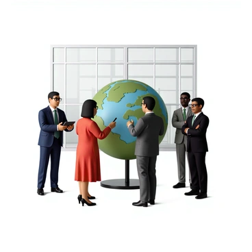 A detailed globe displaying the continents and oceans accurately. Surrounding the globe are four economists of different ethnic backgrounds. One economist has light skin and is wearing glasses, dressed in a blue suit, gesturing while holding a tablet. Another economist has dark skin and is wearing a gray blazer with a white shirt, leaning forward and pointing at the globe. A third economist has medium skin and is dressed in a bright red dress, taking notes with a pen. The fourth economist, with olive skin, wears a green tie and a black suit, standing with arms crossed while listening attentively. The scene is set in a modern office with a large window in the background, allowing natural light to illuminate the setting.