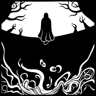 Satan gazing into a dark abyss filled with swirling shadows and lost souls