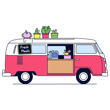 A VW bus with a vibrant red exterior, parked on a sunny street. The side of the bus is open, revealing a small kitchen setup inside. There is a compact stove with a shiny chrome finish and a small sink next to it. Fresh vegetables and herbs are displayed on a wooden counter, adding color and texture. A chalkboard menu hangs outside, showcasing "Fresh Meals Today". The bus has a few potted plants on the dashboard, adding a touch of greenery to the scene.