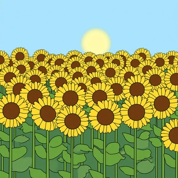 A vast field of bright yellow sunflowers standing tall, all oriented towards a warm sun in a clear blue sky. Each sunflower features vibrant petals surrounding a dark brown center. The sunflowers vary slightly in height and size, creating an undulating effect across the field. Green leaves are visible at the base of each flower, contrasting against the golden yellow. The scene is filled with a sense of abundance and positivity, with several sunflowers showing their detailed textures and intricate patterns.