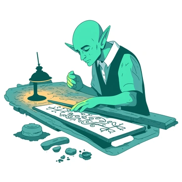 A teal elf craftsman with pointed ears is focused on carving intricate patterns into a long, slender wooden staff. The craftsman is seated at a rustic workbench, surrounded by various carving tools and shavings of wood scattered around. A small lamp casts a warm light over the workspace, highlighting the delicate details of the patterns being etched into the staff. The elf's hands move skillfully, and his expression shows a deep concentration as he brings the design to life. The wooden staff has a rich texture, with the grains of the wood visible, contributing to the overall craftsmanship.