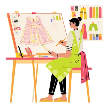 A fashion designer sitting at a wooden drafting table, focused on sketching an intricate Indian bridal dress. The designer is wearing a colorful apron and has a pencil in hand. The sketch features detailed patterns, with vibrant colors such as red, gold, and green. The dress showcases elegant embroidery with motifs of peacocks and floral designs. Nearby, there are swatches of fabric in rich textures and a variety of embellishments, including sequins and beads. The background includes a mood board covered in images of traditional Indian garments and accessories.