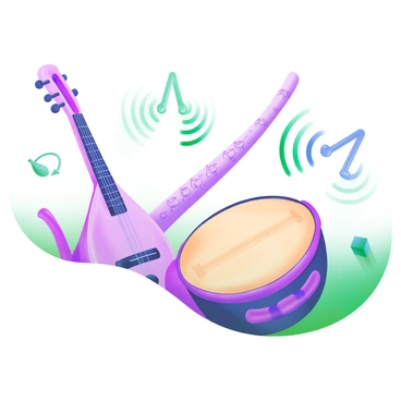 A close-up view of several ancient musical instruments, including a lute, a flute, and a drum. The instruments are intricately detailed, showcasing their craftsmanship, with wood grain patterns and decorative carvings. Surrounding the instruments, vibrant sound waves in varying hues of blue and green visually emanate from them, creating a dynamic effect. The background is softly blurred to emphasize the instruments and sound waves.