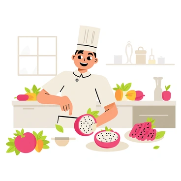 A chef wearing a white uniform and a tall chef's hat is standing in a bright kitchen, surrounded by fresh ingredients. The chef is slicing a vibrant pink dragon fruit with green scales, showcasing the white flesh dotted with small black seeds. On the countertop, there are various cooking utensils and colorful vegetables, including red bell peppers and green herbs. A plate with an elegantly arranged dragon fruit salad is on one side, garnished with mint leaves. The kitchen has stainless steel appliances and a large window letting in sunlight, illuminating the workspace.