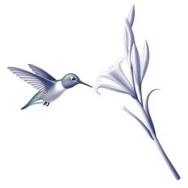 A hummingbird is hovering in mid-air, its wings rapidly beating to maintain its position. The bird has iridescent feathers, and it is facing a gladiolus flower. The flower has long, slender stems and a cluster of trumpet-shaped blossoms in various stages of bloom. The bird's beak is inserted into the flower, drawing nectar from its deep throat. The scene captures the delicate interaction between the hummingbird and the gladiolus, highlighting the fine details of both the bird and the flower.
