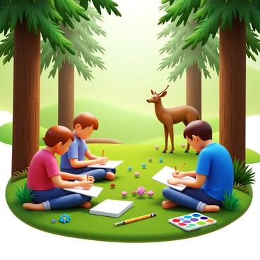 A group of students sitting on the forest floor in a Canadian forest, each focused on their sketchbooks. One student is drawing a tall pine tree with detailed bark and branches. Another is capturing the vibrant colors of wildflowers scattered around. A third student is observing a deer peeking through the trees, sketching its graceful form. Sunlight filters through the leaves, casting dappled shadows on the ground. Various art supplies like pencils and watercolors are scattered nearby. "Students drawing plants and wildlife" appears prominently in the center.