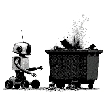 A small robot is positioned next to a smoldering dumpster. The robot has a compact, boxy design with metallic surfaces and tiny wheels for maneuverability. Its mechanical arm is extended towards the dumpster, equipped with a claw for grabbing debris. The dumpster is filled with charred remnants and emitting faint wisps of smoke. The surrounding area shows signs of prior fire damage, with uneven ground and scattered debris. The robot's sensors are activated, indicated by small lights on its body.