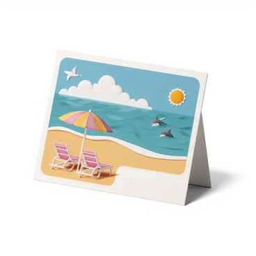 A colorful postcard featuring a picturesque beach scene with golden sand, turquoise waves, and a bright blue sky filled with fluffy white clouds. In the foreground, there is a beach umbrella with vibrant stripes alongside two beach chairs. A playful seagull is flying above the water. When viewed through an app, the postcard comes to life, revealing animated waves gently lapping against the shore and playful dolphins jumping in and out of the water. The sun appears to shine brighter, casting dynamic reflections on the surface of the sea.