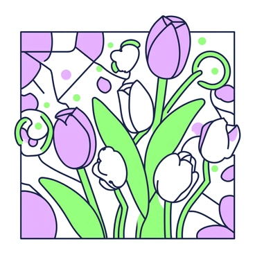 A mosaic artwork featuring a variety of flower buds arranged in intricate patterns. The composition showcases several types of flower buds, each uniquely shaped and detailed. The buds are connected by winding green stems and leaves that create a sense of flow throughout the piece. Some buds are in full bloom, while others are still tightly closed, adding visual interest. The background of the artwork includes geometric shapes, enhancing the overall intricacy of the design.