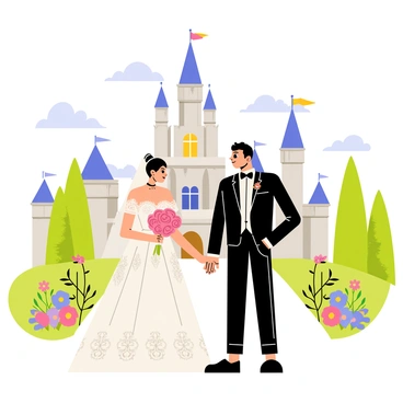 A bride in a white wedding gown with intricate lace detailing and a bouquet of pink roses stands next to a groom in a classic black tuxedo with a bow tie. They are positioned in front of a grand fairy tale castle with tall spires and large arched windows. The castle has a stone facade and vibrant flags flying from its towers. Surrounding them is a lush greenery filled with vibrant flowers and tall trees, creating a romantic atmosphere. Bright blue skies are visible above, adding to the enchanting scene.