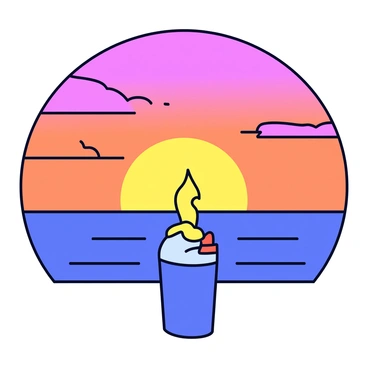 A lighter is positioned in the foreground, its outline sharply defined against a vibrant sunset. The sky is filled with a gradient of colors, transitioning from deep orange near the horizon to soft purple higher up. The ocean reflects these colors, creating a shimmering surface. Wispy clouds are scattered across the sky, illuminated by the fading sunlight. The scene captures the peaceful moment just before nightfall.