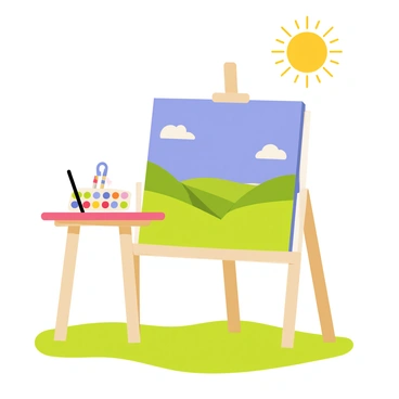 An artist's easel positioned on a patch of green grass, holding a partially completed landscape painting. The easel is made of light-colored wood, standing upright against a backdrop of rolling hills. The canvas features broad strokes of blue for the sky and vibrant greens for the fields below. A palette with a mix of colors sits on a wooden table nearby, alongside several paintbrushes. In the distance, a bright sun shines down, casting soft shadows across the scene. A few fluffy white clouds float in the blue sky above.