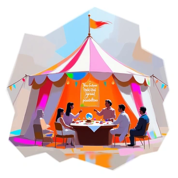 A large circus tent with vibrant red and white stripes stands in an open area. The interior is filled with colorful banners and various fortune-telling props, such as crystal balls, tarot cards, and astrological charts. A wooden table is set up, adorned with a cloth and scattered with colorful gemstones. In the background, shadowy figures are seen eagerly listening to mysterious fortunes being read, their expressions a mix of intrigue and excitement. The atmosphere is lively, with a sense of wonder and anticipation hanging in the air. The words "Your future holds great possibilities" are prominently displayed on one of the banners.
