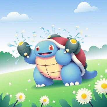 A large Blastoise with blue skin and a shell adorned with two powerful cannons is in a vibrant green field filled with dandelions. The dandelions are fluffy and white, with some seeds being carried gently by the wind. Blastoise is playfully splashing water from its cannons, creating a mist that catches the sunlight. The sky above is a clear blue, with a few fluffy white clouds drifting by. In the background, the field stretches out towards a line of distant trees, framing the lively scene.