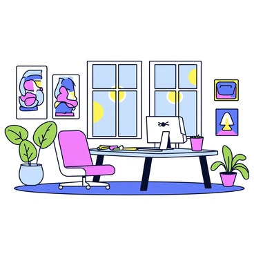 An office space for a stylish illustration agency, featuring modern furniture. The walls are adorned with various colorful artworks, each showcasing different designs and styles. In the center of the room is a large, sleek desk with a computer and art supplies scattered across its surface. A comfortable chair is positioned in front of the desk. Natural light streams in through large windows, illuminating the vibrant colors of the artwork. A few potted plants are placed around the room, adding a touch of greenery.