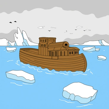 A large wooden ship resembling "Noah's Ark" sails through a vast expanse of icy blue water. The ark has a sturdy, rounded structure with an ornate roof and multiple windows. Surrounding the ark are several massive "icebergs" drifting in the water, each with a white and blue color scheme, jagged edges, and varying heights. The sky above is a mix of gray and white clouds, suggesting a cold atmosphere. A flock of birds can be seen flying in the distance, adding life to the scene. The water reflects the shapes of the icebergs and the silhouette of the ark, creating a striking contrast against the chilly backdrop.