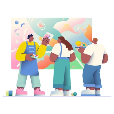 Artists sharing paints and brushes while working on a large mural