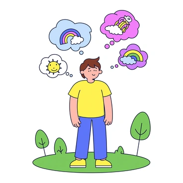 A person standing upright in a park with green grass and a few trees in the background. The person has short brown hair and is wearing a bright yellow t-shirt and blue jeans. Surrounding the person are multiple colorful thought balloons in various shapes. Each balloon is filled with whimsical ideas such as a smiling sun, a rainbow, a fluffy cloud, and a funny animal. The thought balloons are floating above the person’s head, adding a playful element to the scene.