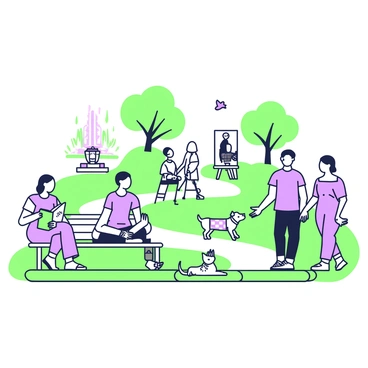 A park scene filled with people engaged in various activities promoting "mental wellness." In the foreground, a woman is sitting on a bench reading a book with "calm" visible on the cover. Next to her, a man is practicing yoga on a green mat, demonstrating a pose. Nearby, a group of three friends is laughing and painting on canvases set up on easels. To the right, a couple walks hand-in-hand along a winding path, with a small dog playfully chasing a butterfly. In the background, trees provide shade, and a picnic setup with a checkered blanket and a basket can be seen on the grass. A small fountain is bubbling in the distance, enhancing the peaceful atmosphere.