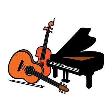 A collection of musical instruments arranged artistically. There is a wooden guitar with a classic shape, a sleek violin with a glossy finish, and a grand piano with an open lid displaying its keys. Each instrument is intricately detailed, capturing the curves and textures of their surfaces. The instruments are drawn in bold black ink, providing a striking contrast against a white background. The composition emphasizes the elegance and craftsmanship of each musical piece.