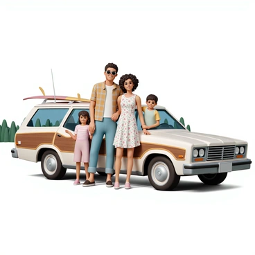 A family posing proudly in front of their first car, an old-school station wagon, in the 1970s