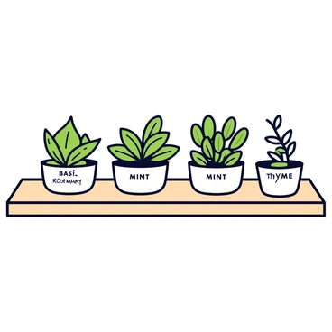 An arrangement of different herbal plants labeled with their names