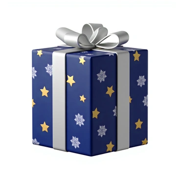 A gift wrap with a glossy surface displaying an array of festive patterns. The background is a rich deep blue, adorned with bright white snowflakes of various sizes scattered throughout. Interspersed among the snowflakes are shiny gold stars, each with a distinct twinkling effect. The overall design creates a cheerful and vibrant look, perfect for holiday gifting.
