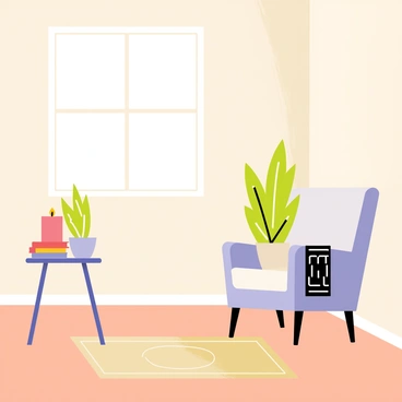 A cozy room featuring soft beige walls and a warm wooden floor. In one corner, there is a small side table with a "plum-scented candle" flickering softly, casting a warm glow throughout the space. A comfortable armchair with a knitted throw blanket is placed nearby, and a small stack of books rests on the table next to the candle. A potted green plant is positioned on the table, adding a touch of nature. A patterned rug lies on the floor, enhancing the inviting atmosphere of the room.